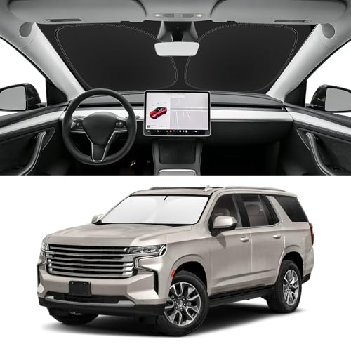 Image of Custom Fit Windshield Sun Shade for Chevy Tahoe 2021-2026 | Blocks UV Rays and Sun Heat, Helps Reduce Interior Temperature, Protects Dashboard from Fading, Folds Easily for Storage