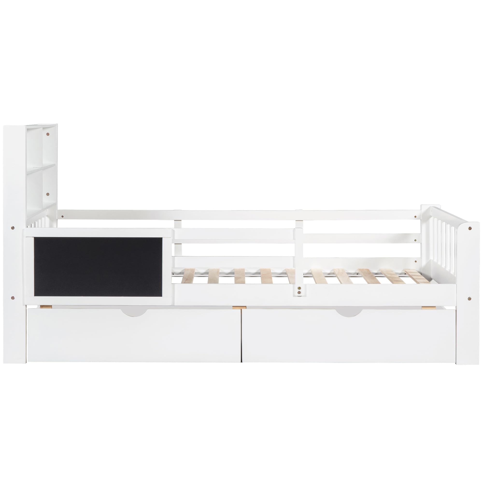 Cama Infantil 90 x 200cm, Cama Individual con Varias Funciones, Protección Anti-Caída y Somier, Cama para Niños con Cajones y Pizarra, sin Colchón, Blanco