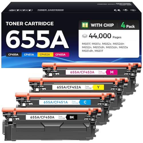 Image of 655A Toner Cartridge 4-Pack Replacement for HP 655A CF450A CF451A CF452A CF453A Compatible with HP Color LaserJet Enterprise M652dn M652n M653dh M653dn M653x MFP M681dh M681f M681z M682z Printer Ink