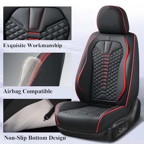 Image of Coverado Seat Covers Full Set, Waterproof Nappa Leather Seat Covers for Cars, 5 Seats Universal Car Seat Protectors, Black Car Seat Covers Car Seat Cushions Fit for Most Cars (Black&Red)
