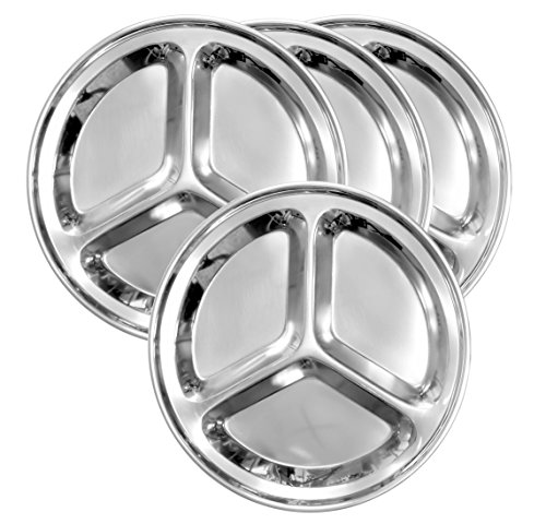 Round Stainless Steel Divided Plates (4-Pack); 9.5-Inch 3-Section Divided Plates for Kids, Portion