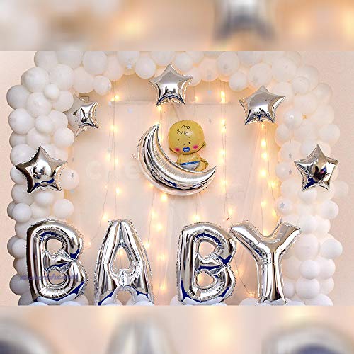Image of CherishX.com Premium White Baby Shower Decoration Items - Pack of 84Pc DIY Kit with Baby Foil Letters, Silver Star & Baby Foil Balloons for Baby Shower Decoration & Baby Welcome Decorations