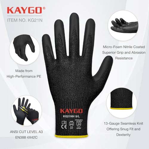 KAYGO Cut Resistant Gloves - Nitrile Micro-Foam Coated, Puncture Proof Safety Gloves for Work, Gardening, and Construction with Enhanced Grip | ANSI Cut Level A3 | KG21NB (Size XL, 2 Pairs, Black)