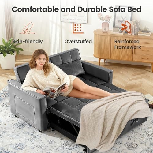 Sleeper Sofa Bed with Adjustable Backrest & Side Pockets, Gray | Adjustable Backrest & Side Pockets,Pull Out Sofa,Comfortable Fabric