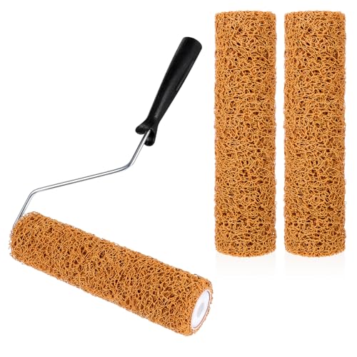 3 Pcs 9 Inch Textured Roller with Frame Kit Paint Roller Covers Mud Rollers for Putty Textured Coatings Painting Walls Ceiling Home Improvement