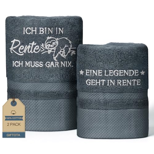 Giftota Rentner Geschenk Mann - 2 teilig Handtuch Set 100% Baumwolle Bestickt Handtücher Grau Renteneintritt Geschenk Männer - Badehandtuch 50 x 100 cm + Handtuch 35 x 75 cm