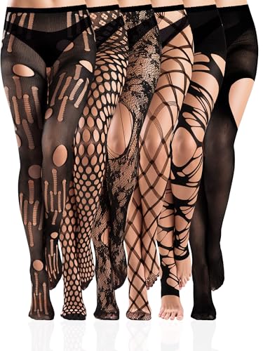 6 Pairs Women Fishnet Thigh High Stockings Lace Tights Spider Web Fishnets Leggings Mesh Pantyhose for Halloween