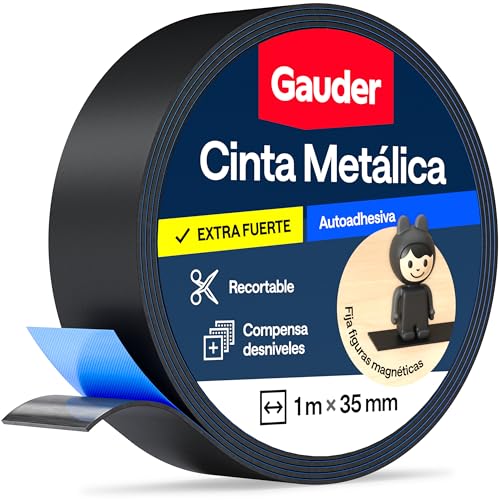 GAUDER Cinta metálica autoadhesiva - Banda magnética para imanes y Figuras Tonie® & estanterías - Cinta ferrosa & banda de hierro para manualidades y organización (1 m x 35 mm - negro)