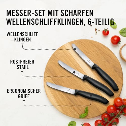 Foto von Victorinox Swiss Classic, Frühstücksmesser, Brötchenmesser, Scharfe Klinge, Wellenschliff, 11 cm, Kunststoffgriff, Rostfreier Stahl, Set 6teilig, Schwarz