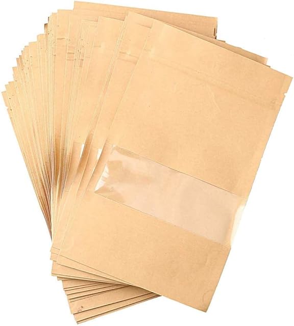 Cyleibe 100 Piece Stand Up Bags, Kraft Paper Zip Lock Bag, Self-Sealing Pouches with Clear Window for Storage, Food, Tea, Coffee Beans, Salt 9x14cm / 3.5x5.5 Inches 