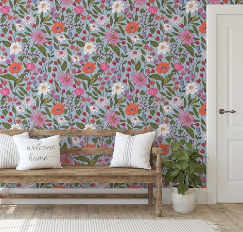 Papier peint fleurs sauvages amovible bleu adhésif 63x304cm - 6