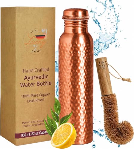 Image of Pure Copper Water Bottle, Copper Drinking Bottle 32 oz, Hammered, Ayurvedic | 100% Pure Copper, Hand Hammered, 32 oz, Leak-Proof Screw Cap, Includes Cleaning Brush, Reusable, Travel-Ready