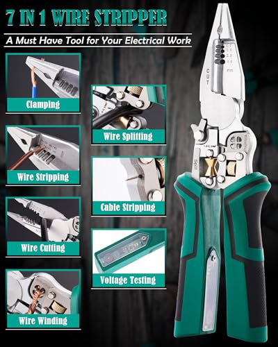 Image of upgraded 8 in 1 Wire Strippers with Voltage Tester, Wire Stripping Tool, Cable Cutters with Plier, Crimper, Splitting, Wire Stripper Tool for 10-18 AWG for Electrician Work Green