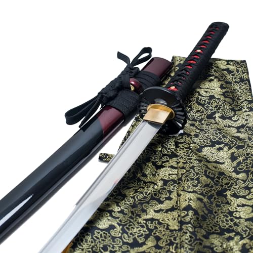 40 Zoll handgeschmiedetes Japanisches Samurai-Schwert Full Tang 1060 Kohlenstoffstahl Eisen Tsuba geschmiedetes gefaltetes rotes Damaststahl echtes Katana-Schwert (UNOKUBI-ZUKURI)