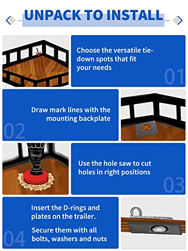 Sparkwhiz Recessed D-Ring Tie Down Anchor Kit, 4 Pack Trailer D Ring Tie Down Anchor Heavy Duty With Hole Saw Drill For Trailer Cargo Truck Flatbed Pickup (6,000 Lb. Capacity) #TOP3