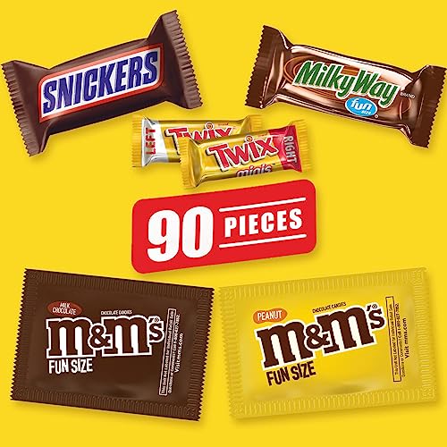 M&M's Milk Chocolate, M&M's Peanut, Snickers, Twix & Milky Way Individually Wrapped Bulk Variety Pack Chocolate Candy Assortment, 45.45 Oz, 90 Pieces Bag #TOP3