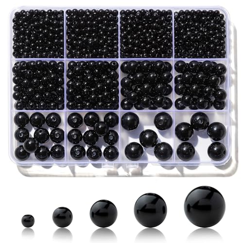 1200Pcs Black Beads Acrylic Pony Beads 4/6/8/10/12mm Round Smooth Bead for Bracelets Spacer Pearl Craft Beades for Bracelet Necklace Jewelry Making (Black)