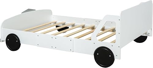Miniatura 284 de Cama de plataforma en forma de auto de carreras con ruedas, cama de plataforma de madera tamaño individual con barandilla, cama de plataforma para