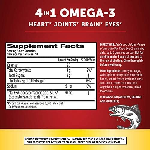 Megared Omega-3 Advanced 4in1 Watermelon & Orange Flavored Gummies, (60 Count in A Bottle), Omega-3s for Heart, Joints, Brain & Eye Health*, EPA, DHA, Fish Oil