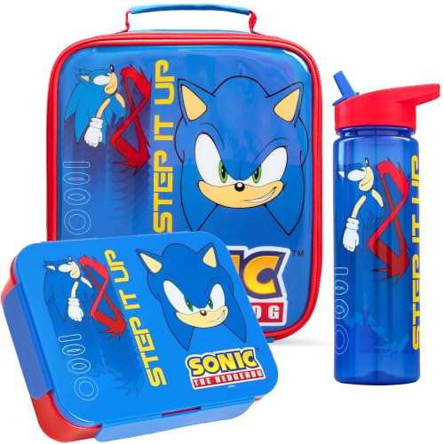 Get Trend Sonic the Hedgehog Kids Insulated Lunch Bag 3Pc Set with Reusable Bento Box and 20 fl oz BPA-Free Straw Water Bottle Lightweight Kids Lunch Box Gamer Gifts for Boys (Blue Sonic)