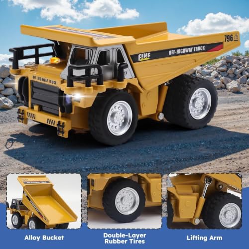 Image of RC Dumper Truck Toy for Kids, 1:64 Die-Cast Metal Construction Truck with Remote Control, LED Lights, Lifting Dump Bed, Rubber Tyres, Engineering Vehicle Toy Gift for Boys & Girls Age 3+