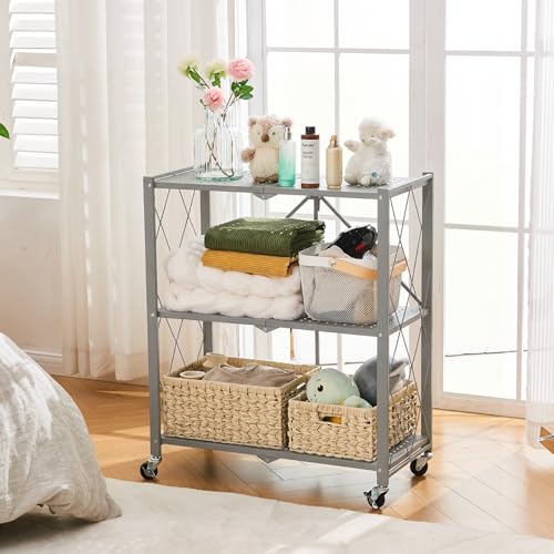 Image of BRIAN & DANY 3-Tier Foldable Storage Shelves with Wheels, No Assembly Folding Shelf Metal Rack, Shelving Unit for Kitchen, Garage, Gray