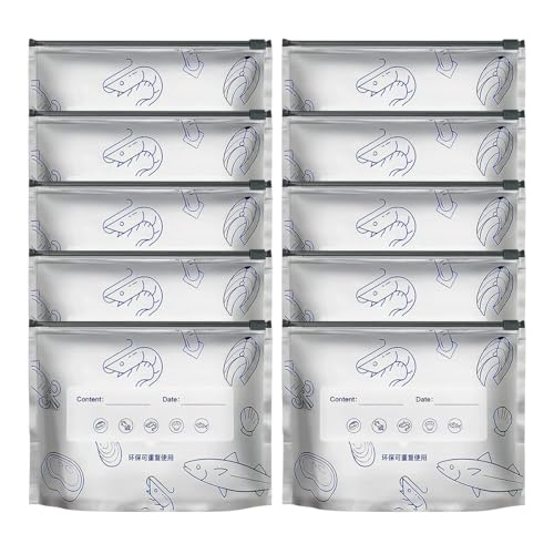 Bolsas de aluminio, 10 unidades bolsas herméticas para mariscos | Recipientes reutilizables con cremallera y etiqueta para almacenar carne vegetal pescado en la cocina al aire libre