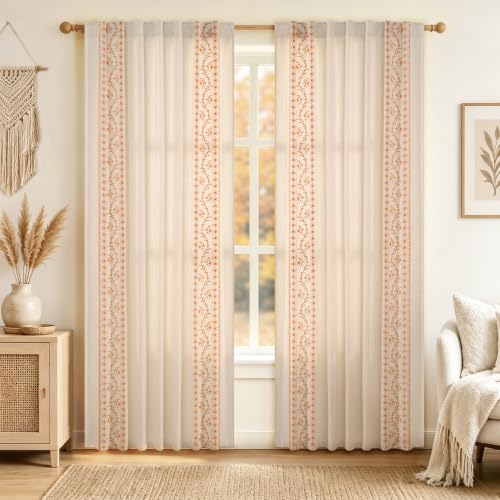 Image of Yinhua Boho Curtains for Living Room 84 Inch Long Orange Embroidered Floral Bedroom Curtains, Light Filtering Farmhouse Window Curtain Rod Pocket & Back Tab Drapes, 52 inch W x 84 inch L, 2 Panels