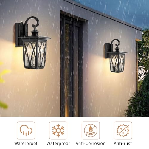 Image of JYZ Dusk to Dawn Outdoor Wall Lantern, Craftsman Style Exterior Sconce Light with Water Ripple Glass, Traditional Porch Light Fixture Wall Mount Lamp for Front Porch Doorway Garage Patio Garden 14''