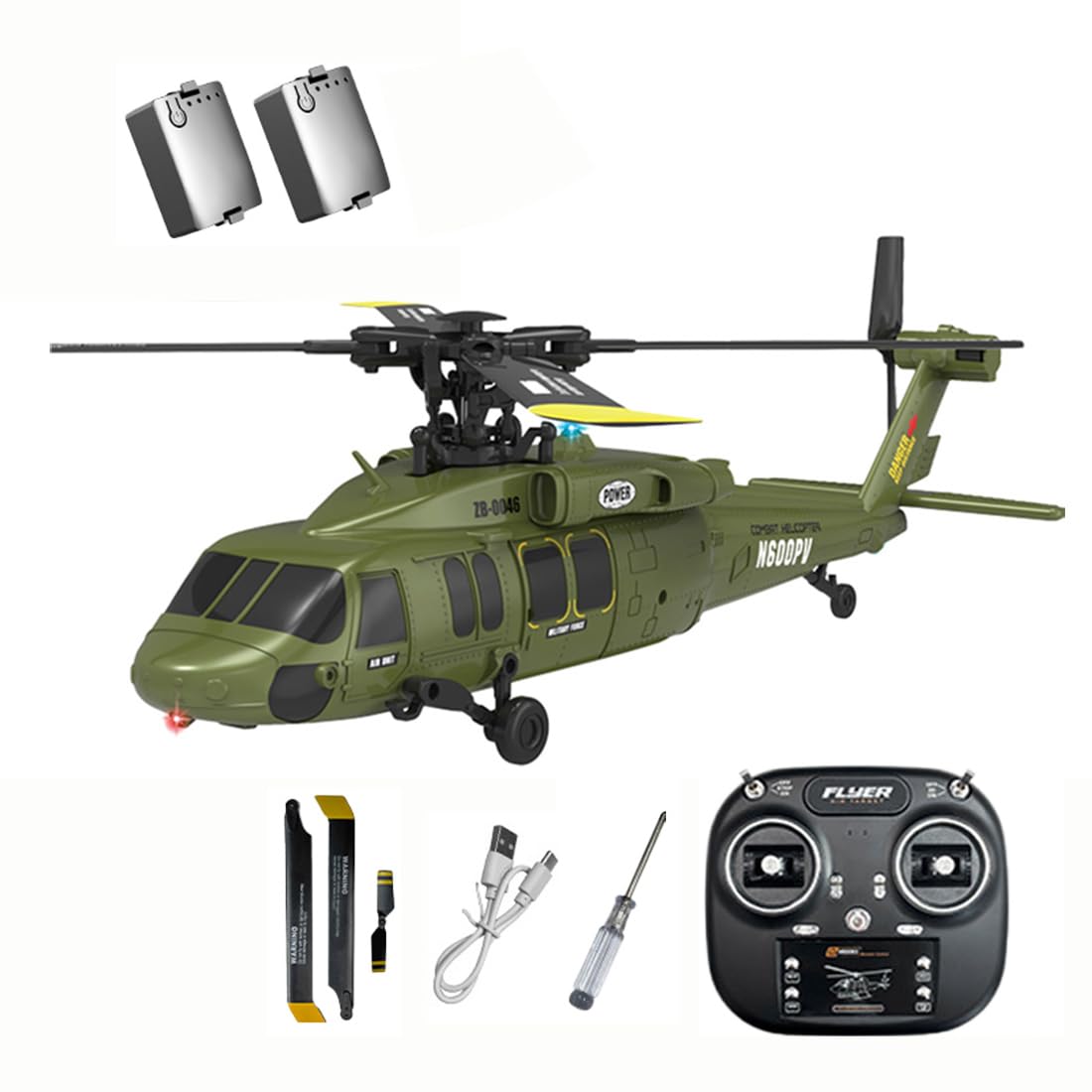 Black-Hawk K200 Brushless RC Helicopter, 2.4G 6CH RTF 6-Axis Gyro Military Aircraft with Optical Flow Positioning, Altitude Hold & Inverted Flight for Adults -2 Battery