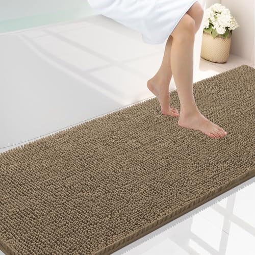 Smiry Luxury Chenille Bathroom Rugs 70x24, Extra Soft and Absorbent Shaggy Bath Mat, Machine Washable, Non-Slip Plush Carpet Runner for Tub, Shower, and Floor, Home Decor Accessories, Camel