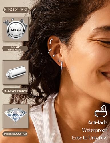 Cartilage Earrings for Women - 14K Gold Plated Flat Back Helix Conch Tragus Piercing Jewelry Single Stainless Steel Stud Earrings Hoops Stackable Set3