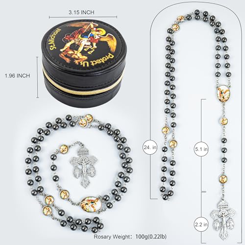 St. Michael the Archangel Catholic Rosary Necklace for Men, 8MM Black Hematite Prayer Beads Packed in Travel Jewelry Box, Rosary Beads Catholic Saints Gifts for Men4