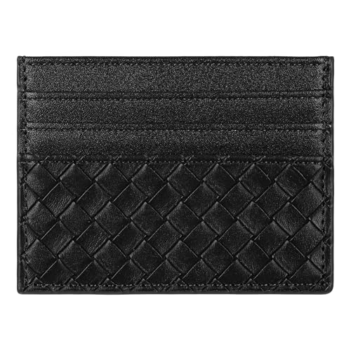 Minimalist Wallet 6 Card Slots Leather Card Holder Hand-Woven Credit Card Wallet Italian Card Case for Men and Women(Black)