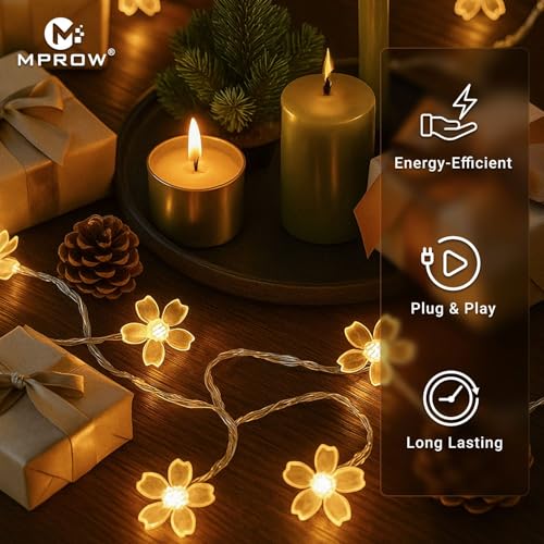 Image of MPROW Yellow-Color Flower LED String Lights - 20 Led Decorative Cherry Blossom Fairy Lights with Plug for Diwali, Christmas, Wedding, Home Decor - Vibrant Floral Night Lights for Bedroom, Balcony