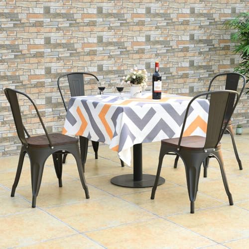 Image of COSTWAY Stackable Metal Dining Chairs Set of 4 with Wood Seat and High Back | Gun Color, Industrial Vintage Style, Elm Wood Seat Board, 18 Inch, for Dining Room, Kitchen, Bar, Cafe, Bistro, Restaurant