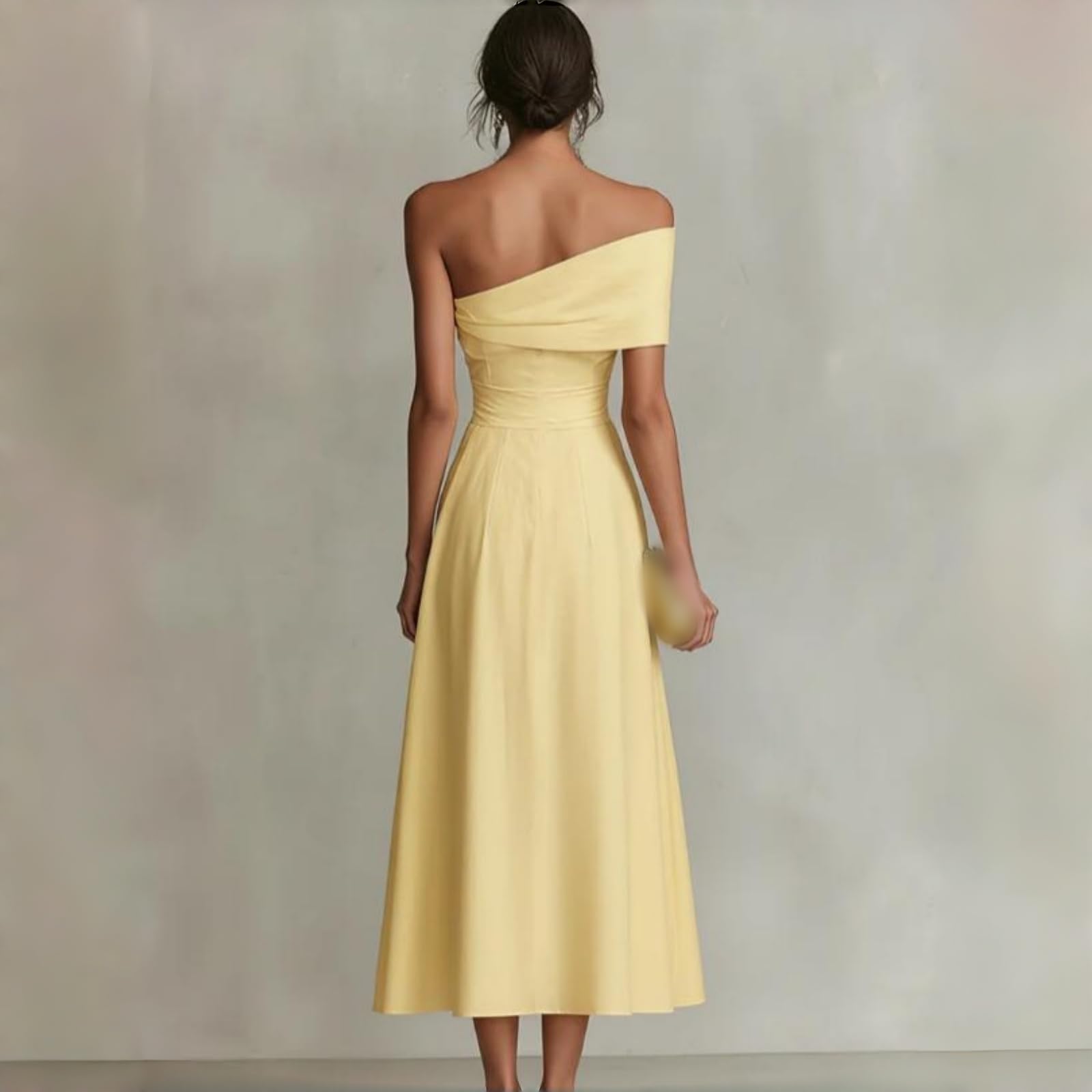 Abito da Donna Giallo in Lino con Scollatura Monospalla e Vita Aderente – Elegante Modello Scollato sulla Schiena a Linea A, Ideale per Cerimonie e Feste