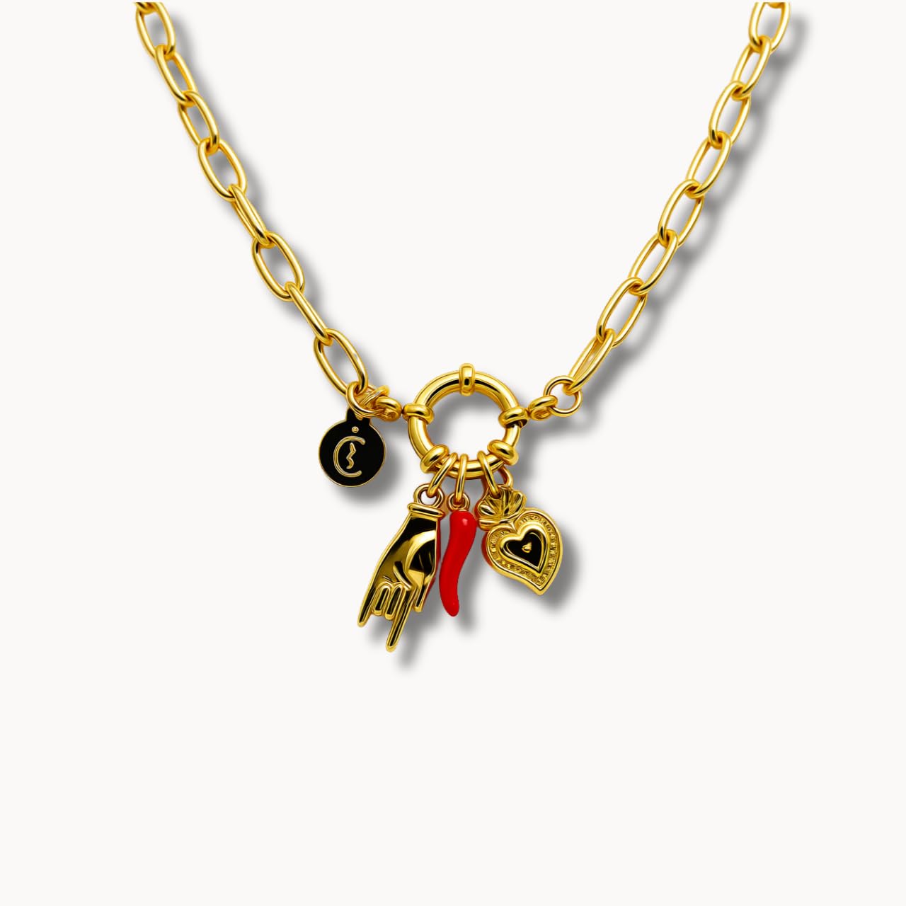 Collier Vabbe Femme Chaîne Maillon, Corne, Mano Cornuto, Cœur Sacré en acier