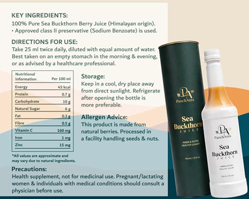 Image of PanchAura Himalayan Sea Buckthorn Juice Pulp Concentrate 750 ML | Cold Pressed from Ladakh Berries | Natural Vitamin C, Omega 3-6-7-9 & Antioxidants | Supports Immunity, Skin Glow & Gut Health