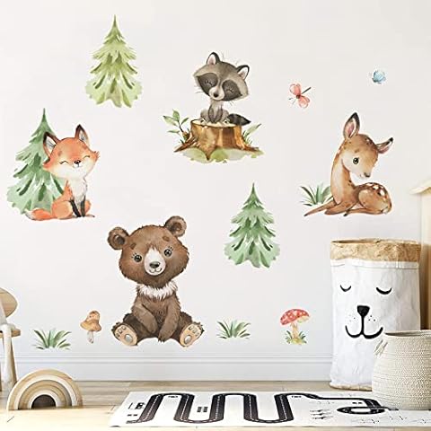 Yovkky Woodland Animals Friends Pine Tree Wall Decals Stickers, Forest Bear Deer Fox Raccoon Nursery Decor, Home Baby Kids Room Decorations Boys Girls Bedroom Art Cover