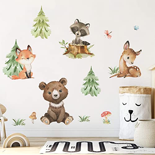 Image of Yovkky Woodland Animals Friends Pine Tree Wall Decals Stickers, Forest Bear Deer Fox Raccoon Nursery Decor, Home Baby Kids Room Decorations Boys Girls Bedroom Art