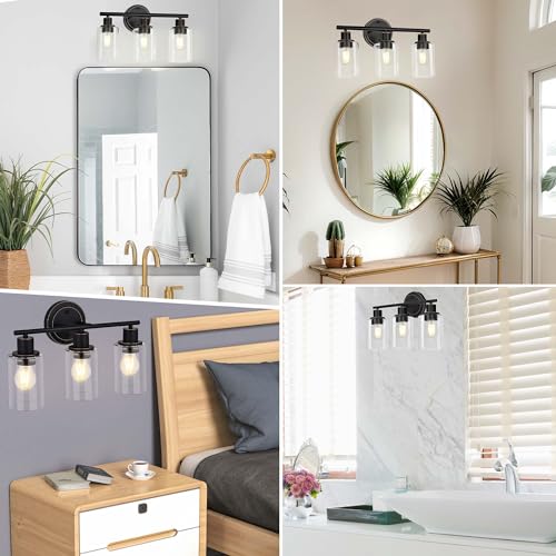 Image of Oil Rubbed Bronze 3-Light Bathroom Vanity Light Fixture Over Mirror, 3-Light Oil Rubbed Bronze Vanity Lights for Bathroom Three Bulb Wall Sconce Over Sink