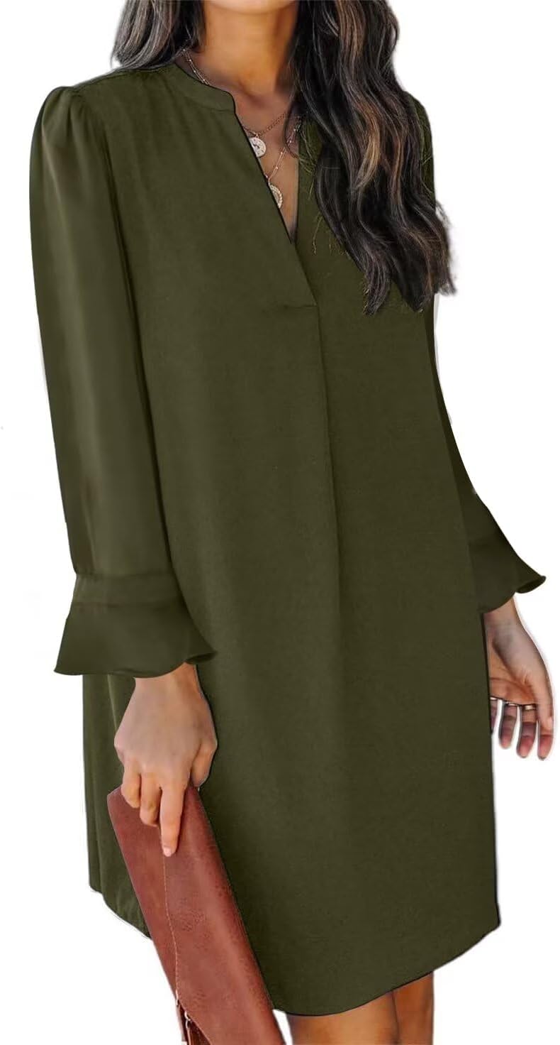 QACOHU Fall Dresses for Women 2026 Casual V Neck Long Sleeves Flowy Mini Tunic Dress
