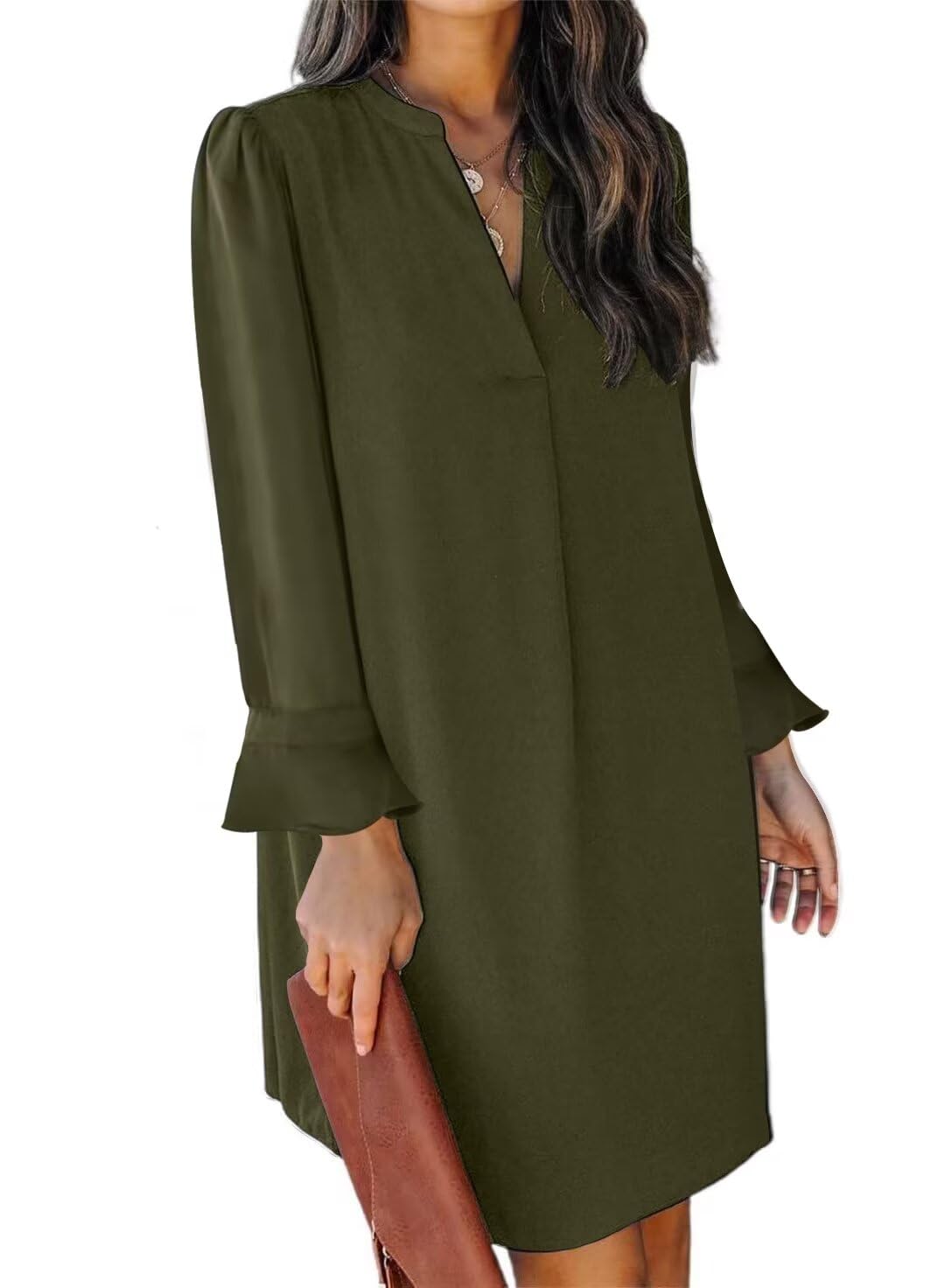 QACOHU Women's Fall Long Ruffle Sleeve V Neck Shift Dresses