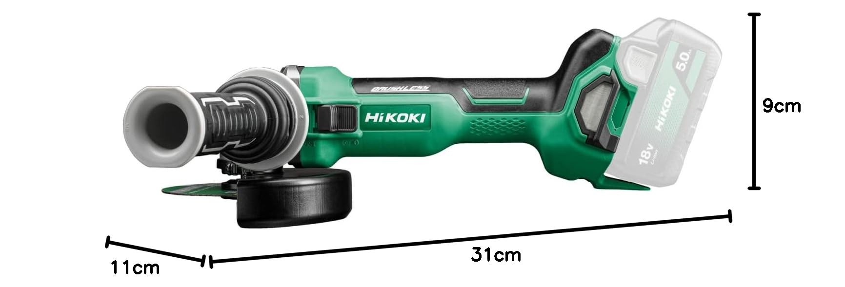 HiKOKI G1813DA Amoladora Angular, Motor Brushless, Disco 125mm, 18V | Arranque suave y filtro de ventilación. Incluye mango antivibración y llave. Sin batería, cargador ni maletín.