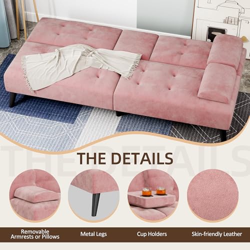 Shintenchi Futon Sofa Bed, Velvet Foldable Couch Reclining Sleeper w/Removable Armrests, Upholstered Loveseat w/Folding Cup Holders for Home, Office, Pink by Shintenchi - Image 2