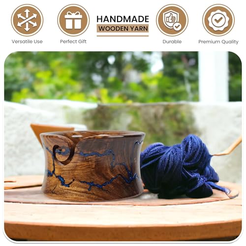 Image of Handmade Wooden Yarn Bowl - Premium Yarn Bowls for Crocheting & Knitting - Handcrafted Wooden Crochet Bowl - Yarn Holder for Tangle-Free Yarn Control (Curved Blue 7x4 Inch Rosewood)