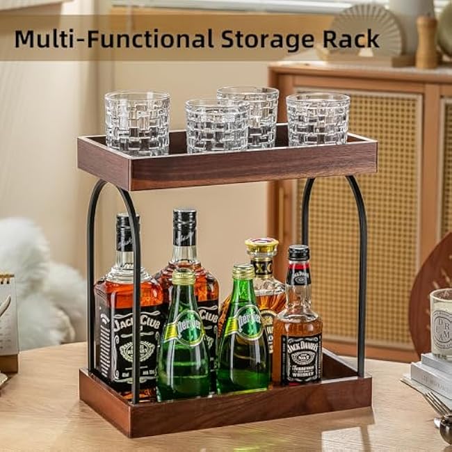 2-Tier Coffee Station Organizer for Countertop, Acacia Wooden Coffee Bar Organizer Countertop Storage for Bathroom, Kitchen, Holiday Decorations