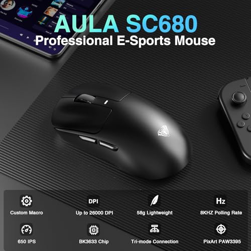 Image of AULA SC680 Wireless Gaming Mouse, Tri-Mode 2.4Ghz /USB-C /BT5.2, Ultra-Lightweight Mouse, PAW3395 Sensor, 8K Polling Rate, 26000 DPI, 75Hrs Battery Life, Rechargeable Gaming Mice for PC /Laptop /Mac /PS5