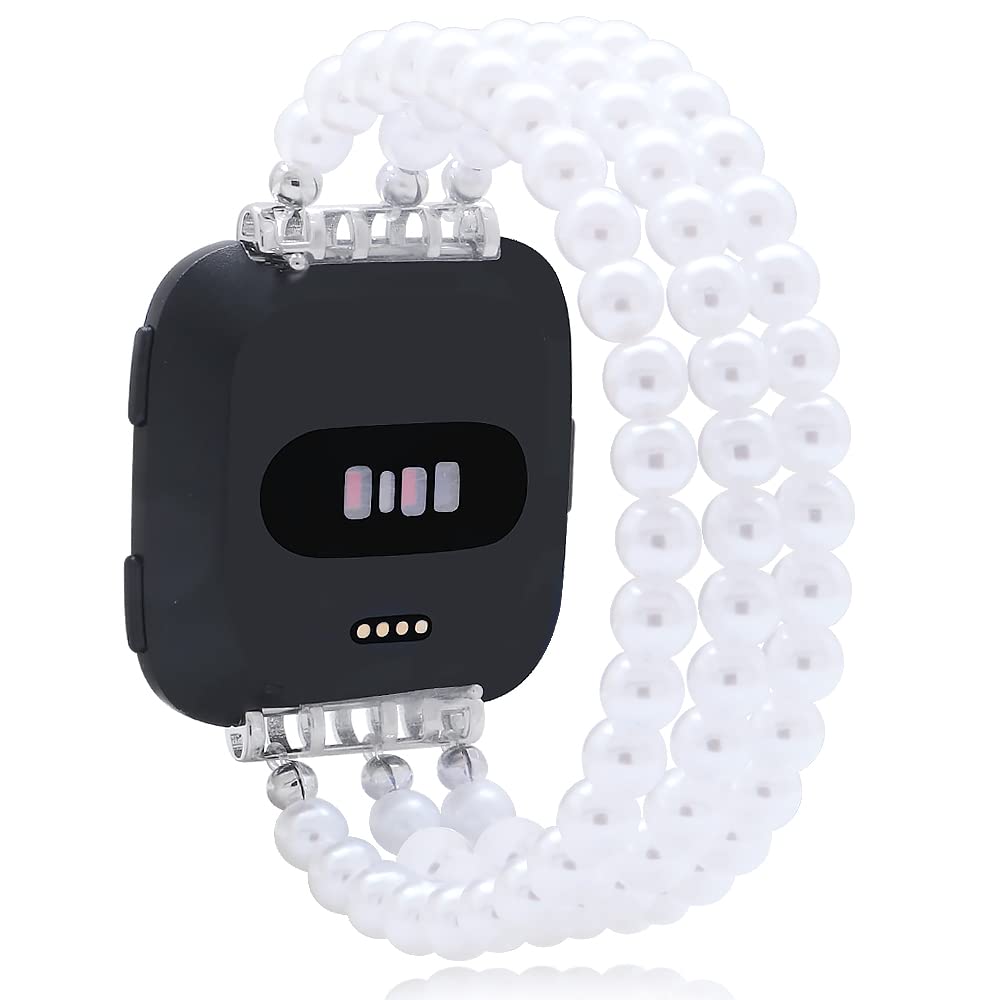 C&L Accessories Wristband Compatible with Fitbit Versa Bands Versa Bands  Versa Lite Bands Beaded Adjustable Bracelet Band (Faux Pearls)